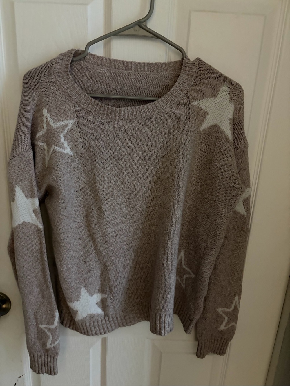 SHEIN Taupe Crewneck Sweater with White Star Pattern